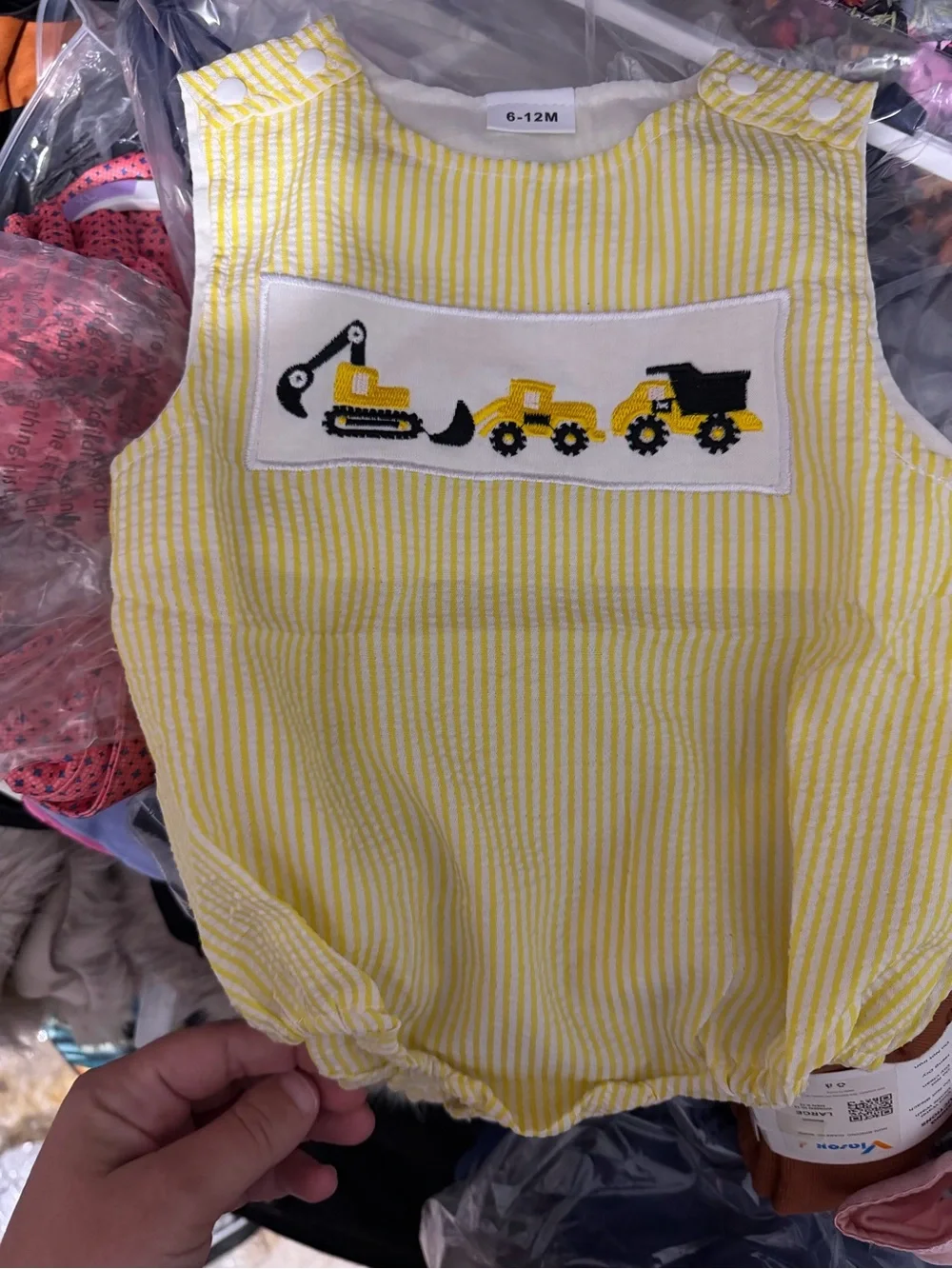 Yellow Striped Baby Romper with Construction Embroidery - 6-12M
